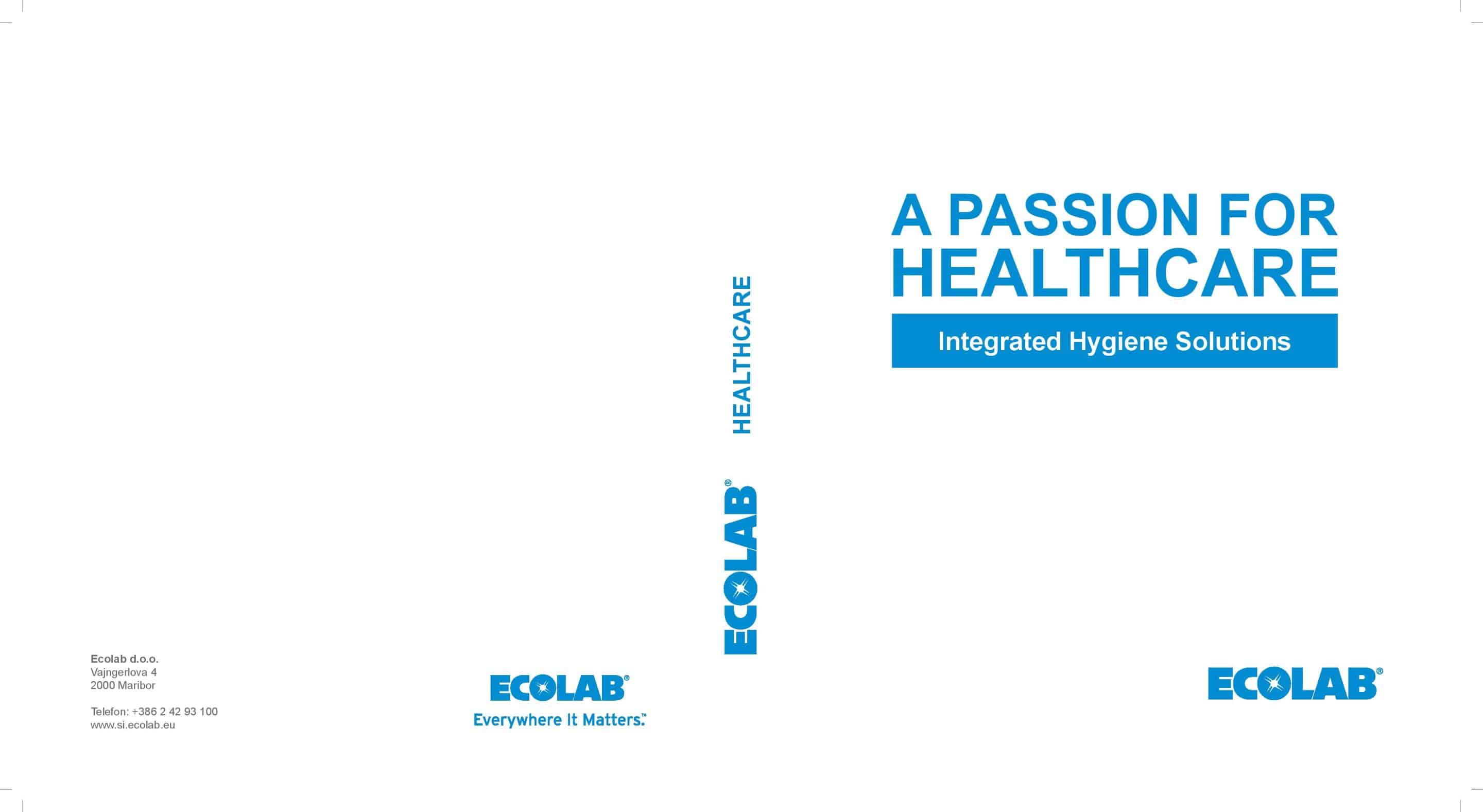 Oblikovanje mape Ecolab Healthcare z napisom A Passion for Healthcare in logotipom podjetja.