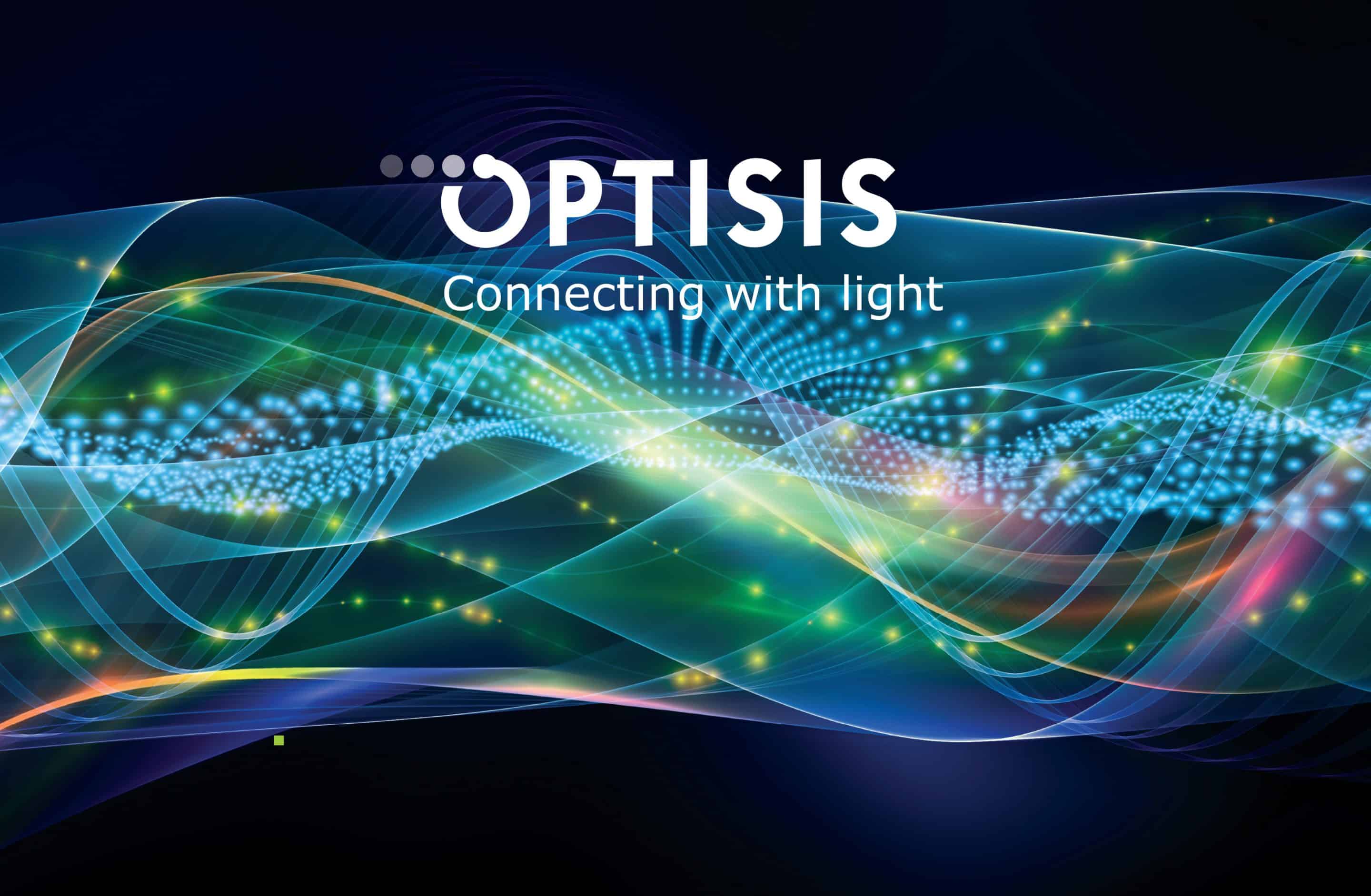 Logotip Optisis s sloganom 'Connecting with light' na ozadju prepletenih modrih in zelenih svetlobnih valov.