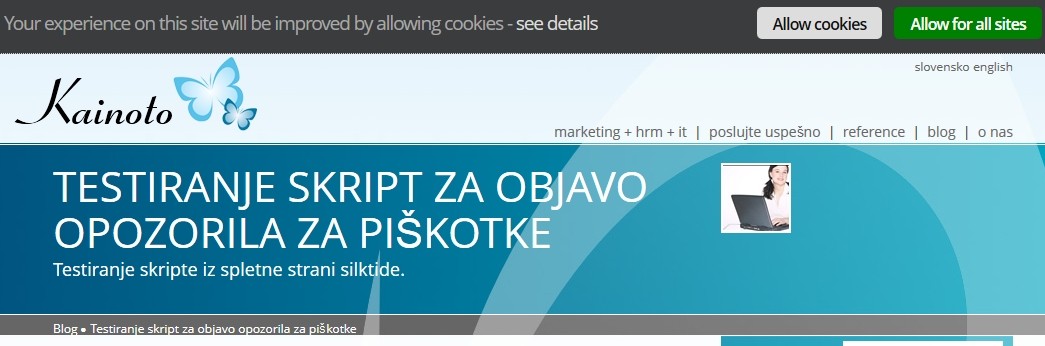 Opozorilo o piškotkih na spletni strani Obarvan gumb na obvestilu za piškotke