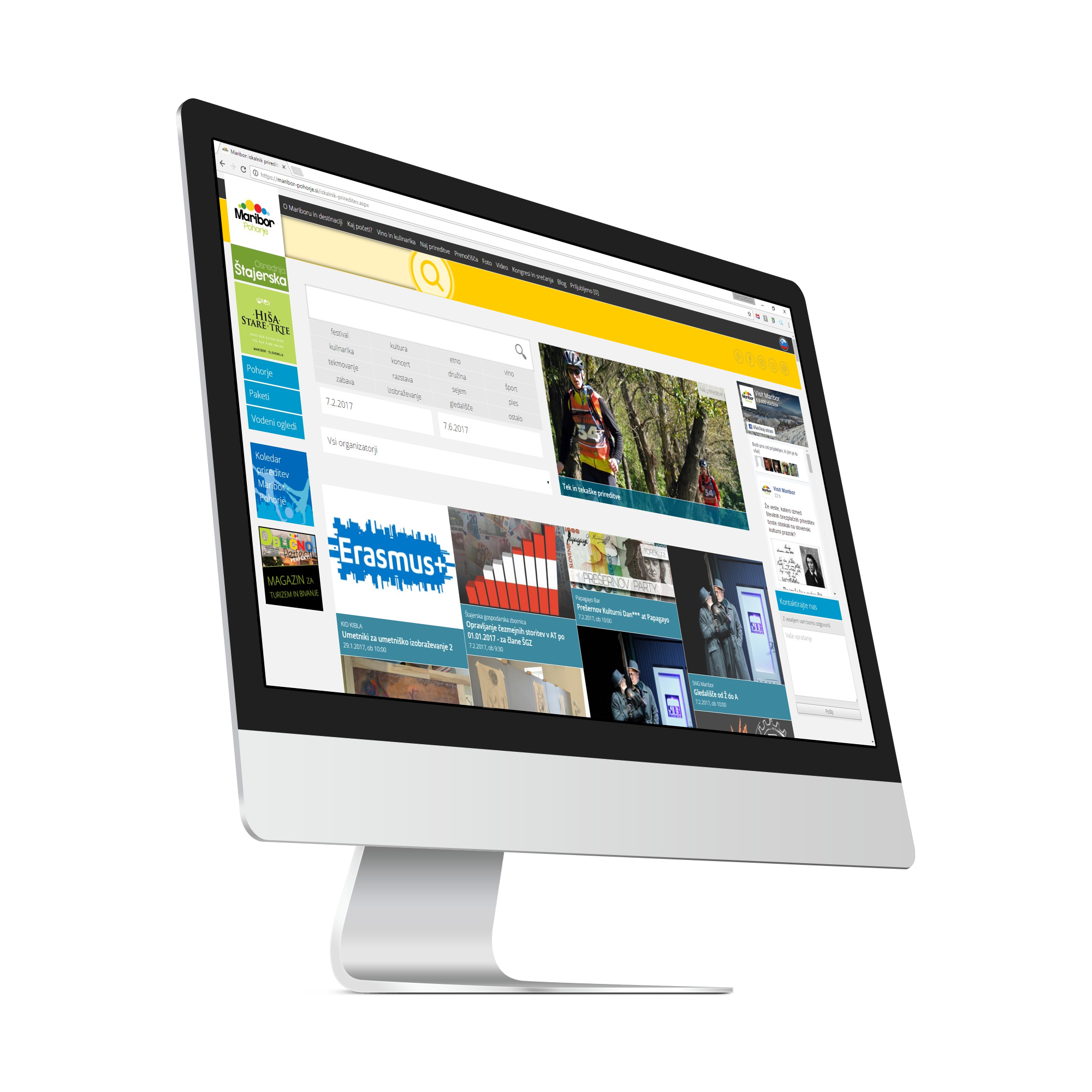 Zaslon računalnika iMac, ki prikazuje turistični portal Maribor - Pohorje.