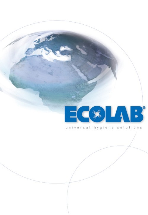 Logotip Ecolab s podnapisom 'universal hygiene solutions' pod stiliziranim modrim globusom na beli podlagi.