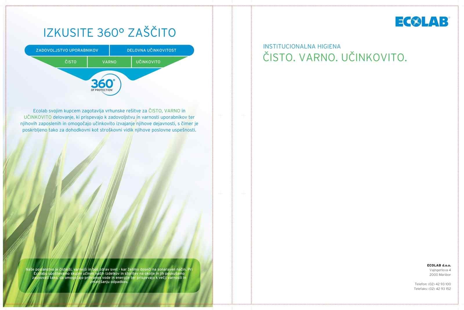 Zasnova tiskane mape Ecolab z napisom Izkusite 360 stopinjsko zaščito in fotografijo zelene trave.