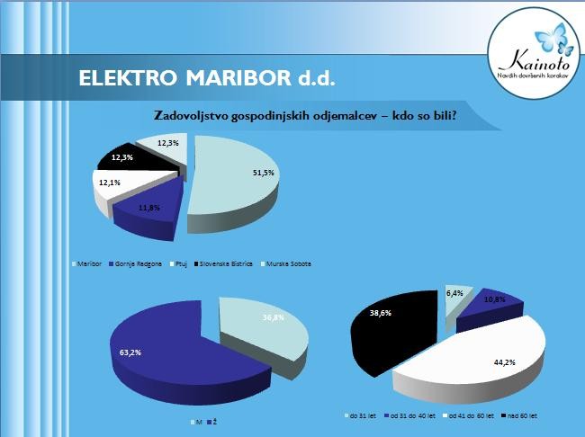 Trije tortni grafikoni s prikazom demografskih podatkov gospodinjskih odjemalcev Elektro Maribor po regiji, spolu in starosti.
