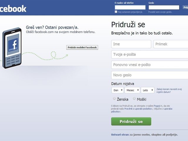 Registracija na Facebook