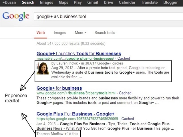 Google+ v iskalniku