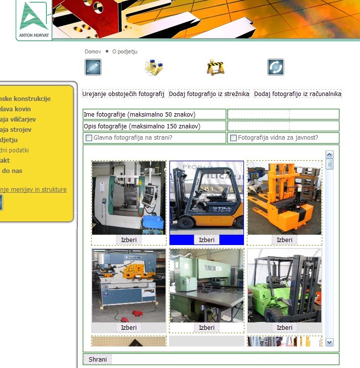 Posnetek zaslona urejevalnika spletne strani za upravljanje fotografij viličarjev in industrijskih strojev.