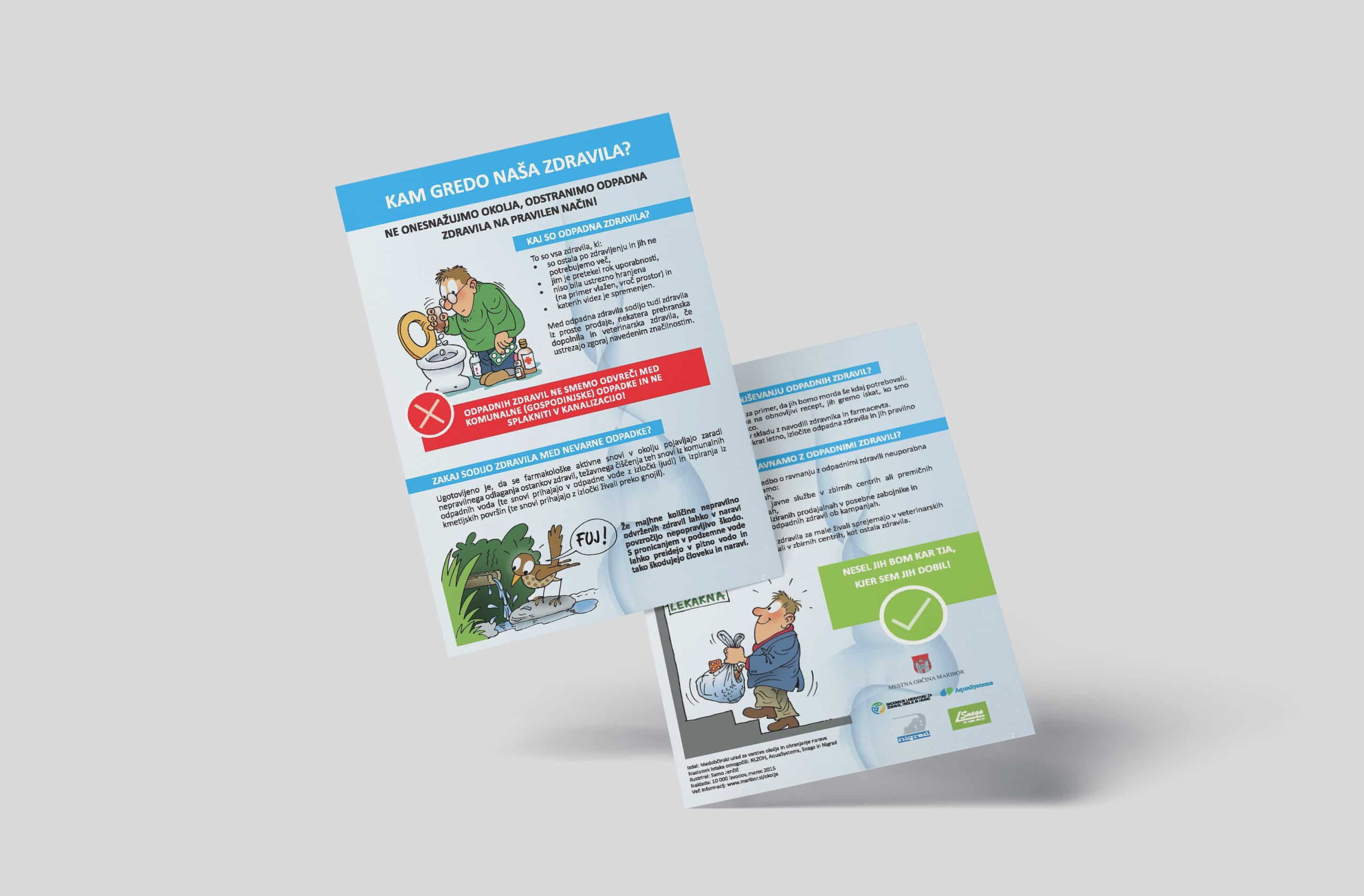 Dve tiskani izobraževalni zgloženki o pravilnem odlaganju odpadnih zdravil s stripovskimi ilustracijami.