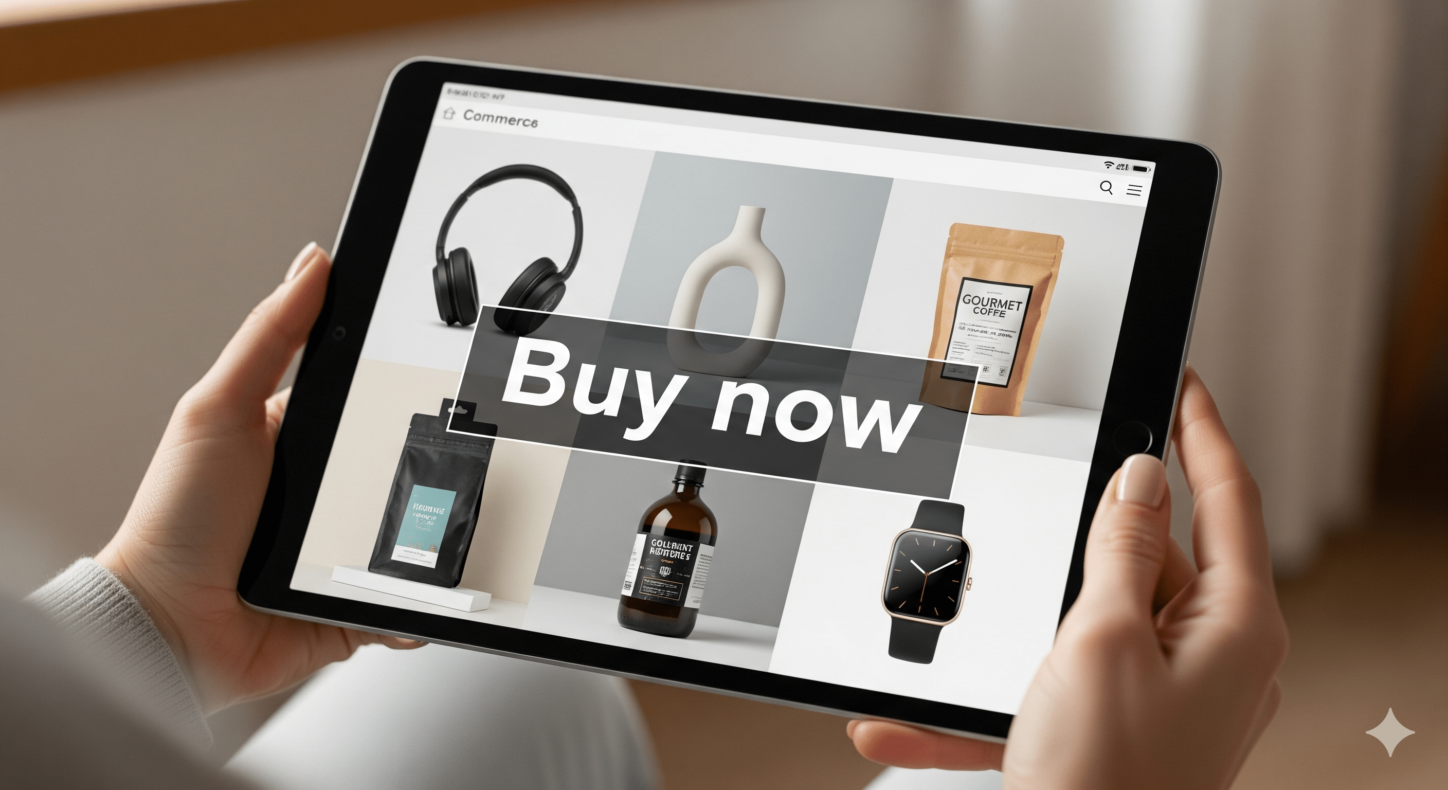 Roke držijo tablico, ki prikazuje spletno trgovino z izstopajočim gumbom "Buy now".