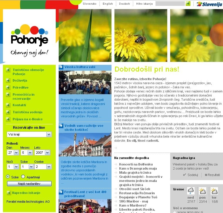 Spletna stran Pohorje z barvitim logotipom, zelenim stranskim menijem in predstavitvijo turistične ponudbe Maribora.