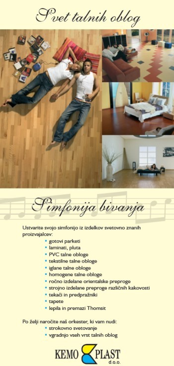 Promocijski letak podjetja Kemoplast s slikami talnih oblog in seznamom izdelkov ter storitev.