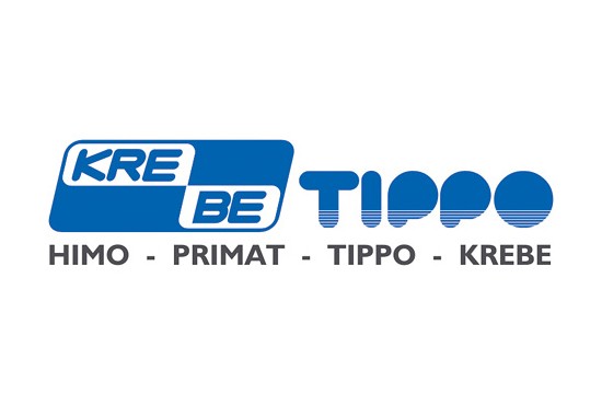 Logotip Krebe-Tippo z modrim stiliziranim napisom in sivimi imeni Himo, Primat, Tippo, Krebe spodaj.
