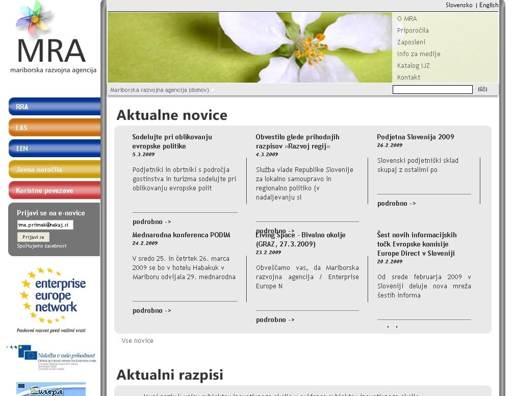 Spletna stran Mariborske razvojne agencije z novicami, stranskim menijem in logotipom MRA.