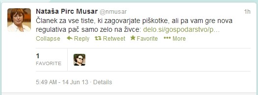 Tvit Nataše Pirc Musar o piškotkih Natasa Pirc Musar mnenje o piškotkih