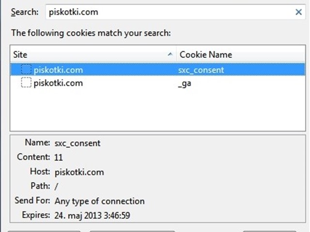 Okno z nastavitvami piškotkov za piskotki.com, ki prikazuje piškotka sxc_consent in _ga s podrobnostmi o poteku.