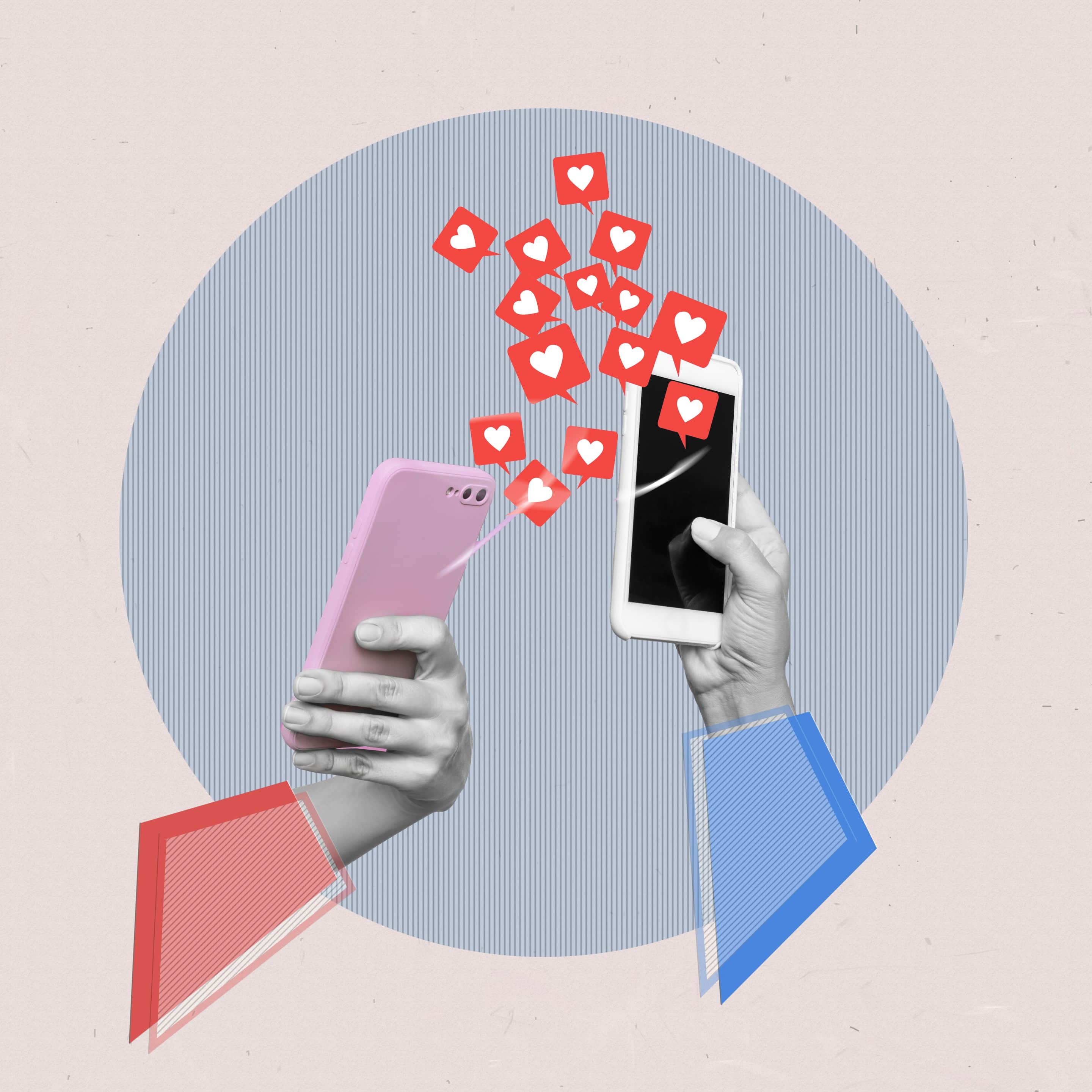Dve roki s telefonoma in srčki – Petka za nasmeh