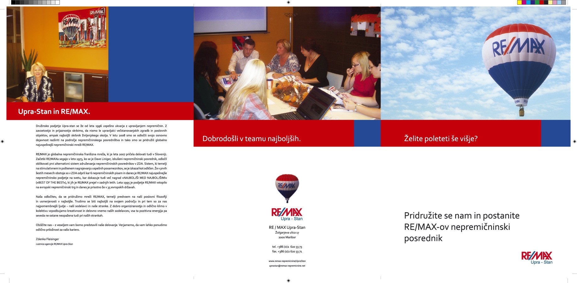 Tristranska zloženka za RE/MAX Upra-Stan s fotografijami ekipe in prepoznavnim balonom v zraku.