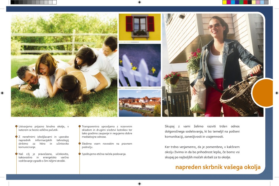 Predogled tiskane zloženke s fotografijami družine na travi, ženske s kolesom in predstavitvenim besedilom.